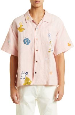 Story mfg. Men's Greetings Button-Up Cotton & Linen Camp Shirt in Sappan Pink Scorpio Trip