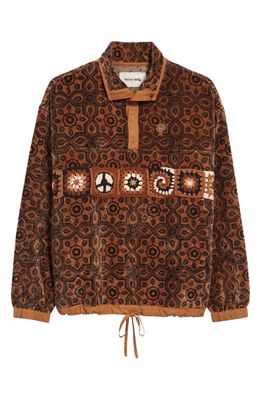 Story mfg. Polite Crochet Detail Organic Cotton Velvet Pullover in Burnt Orange Ajrak