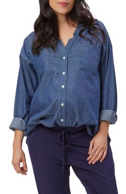 Stowaway Collection Chambray Maternity Top in Denim/Contrast Trim