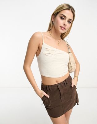 Stradivarius asymmetric linen look cami in natural-Neutral