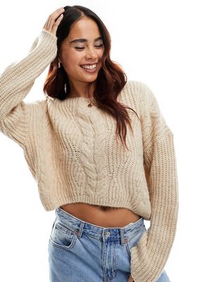 Stradivarius cable knit sweater in beige-Neutral