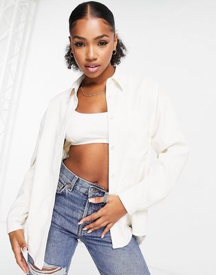 Stradivarius cord oversized shirt in ecru-White