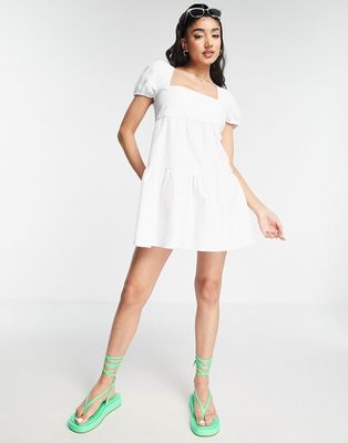 Stradivarius cotton smock mini dress in white