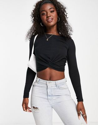 Stradivarius cropped long sleeve T-shirt with knot detail in black