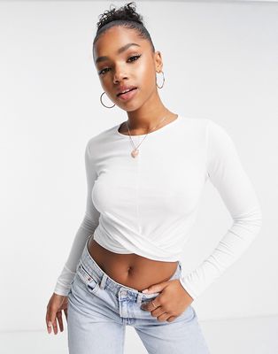 Stradivarius cropped long sleeve t-shirt with knot detail in white