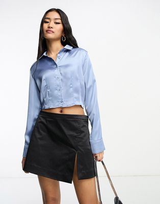 Stradivarius cropped satin shirt in blue