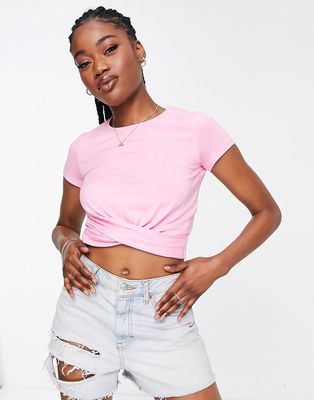 Stradivarius cropped T-shirt with knot detail in pink