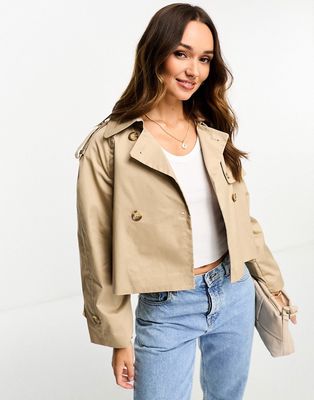 Stradivarius cropped trench coat in beige-Neutral