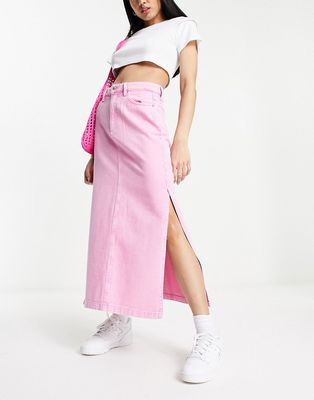 Stradivarius denim maxi skirt with side slit in washed pink