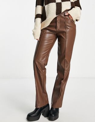 Stradivarius faux leather straight pants in brown