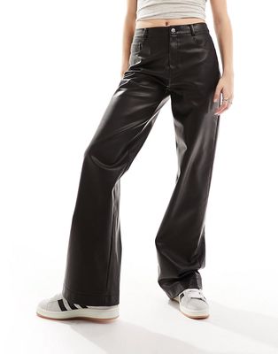 Stradivarius faux leather wide leg pants in washed brown-Black