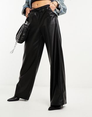 Stradivarius faux leather wide leg sweatpants in black