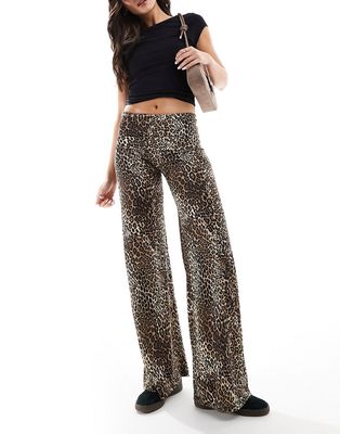 Stradivarius fold over waist wide leg pants in leopard print-Brown