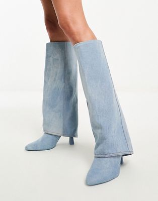 Stradivarius folder over knee high boot in blue suede