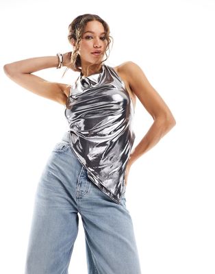 Stradivarius halter top with open back detail in silver