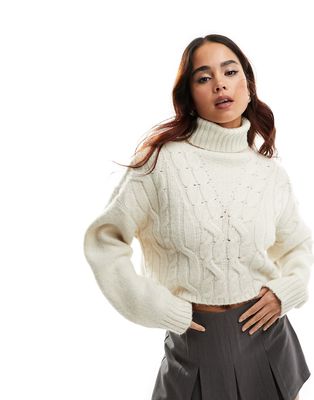 Stradivarius high neck cable knit sweater in ecru-White