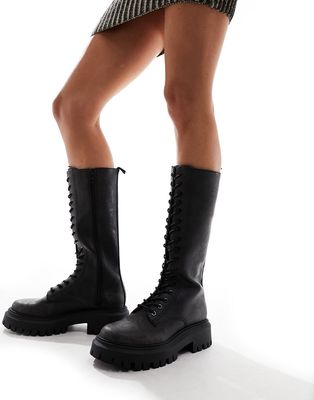Stradivarius knee high lace up boot in washed black