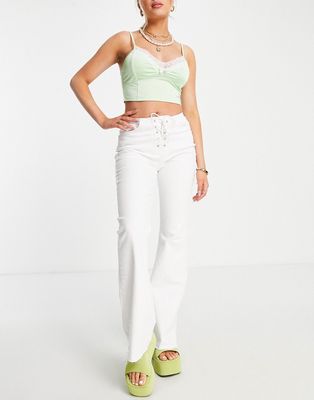 Stradivarius lace up flare jean in white