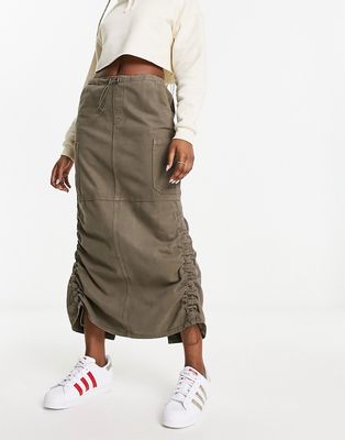 Stradivarius maxi skirt with ruched detail in taupe-Neutral