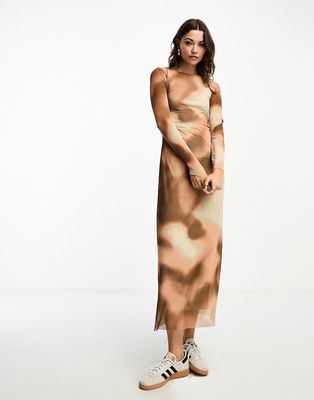 Stradivarius mesh maxi dress in brown ombre print-Multi