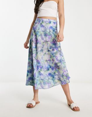 Stradivarius mesh midi skirt in blue floral print