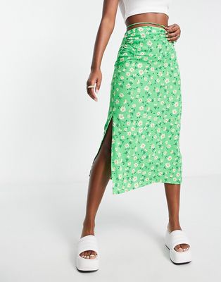 Stradivarius midi skirt in green floral print