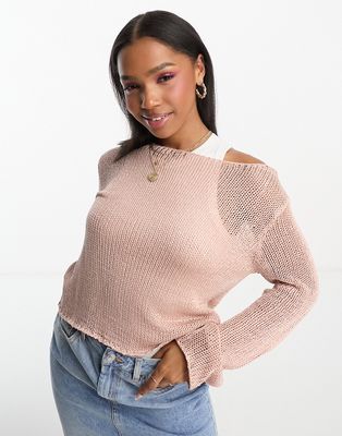Stradivarius open knit sweater with flared sleeve in pink