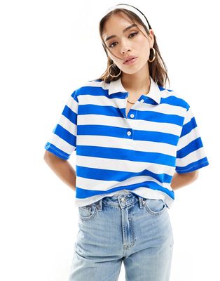 Stradivarius oversized stripe polo top in blue