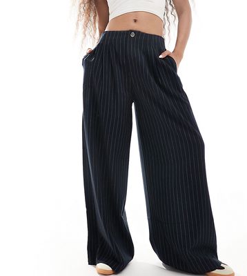 Stradivarius Petite tailored pleated wide leg pants in navy pinstripe