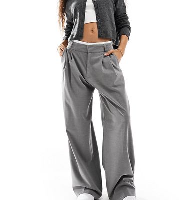 Stradivarius Petite tailored wide leg pants with boxer waistband in gray