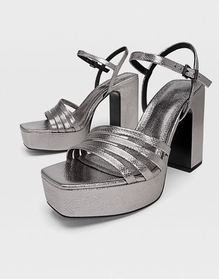 Stradivarius platform glitter heeled sandals in metallic-Silver