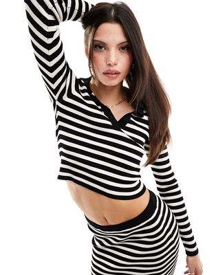 Stradivarius polo knit top in black and white stripe - part of a set