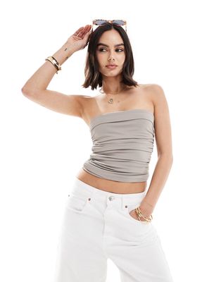 Stradivarius ruched detail jersey top in beige-Neutral