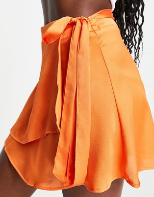 Stradivarius satin wrap mini skirt in orange