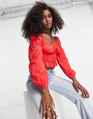 Stradivarius square neck ruched top in red