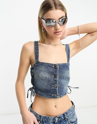Stradivarius STR denim crop top with lace up side in washed blue