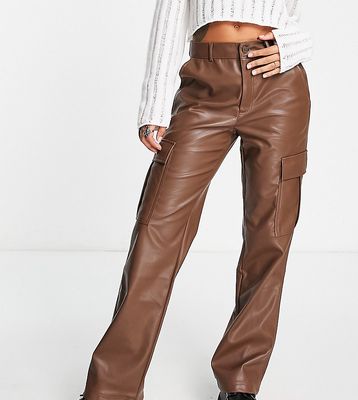 Stradivarius STR faux leather straight leg cargo pants in brown