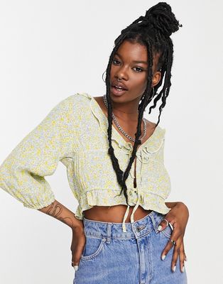 Stradivarius STR ruffle blouse in green floral print