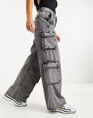 Stradivarius straight leg cargo jean in gray wash
