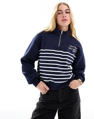 Stradivarius stripes quarter zip sweater in navy