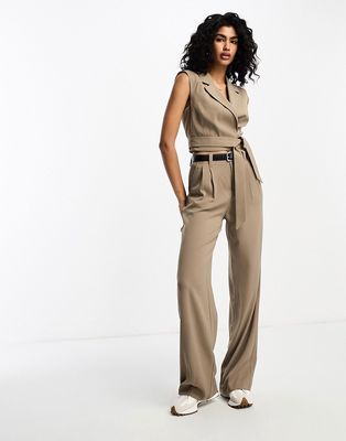 Stradivarius tailored belted pants in stone - part of a set-Neutral