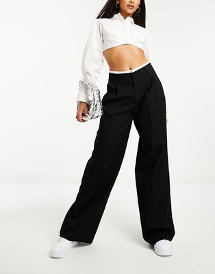 Stradivarius tailored wide leg pants with double waistband in black