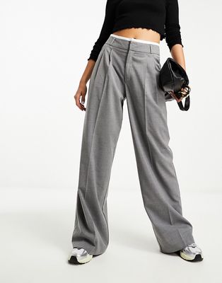 Stradivarius tailored wide leg pants with double waistband in gray