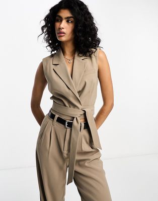 Stradivarius tailored wrap vest in stone - part of a set-Neutral
