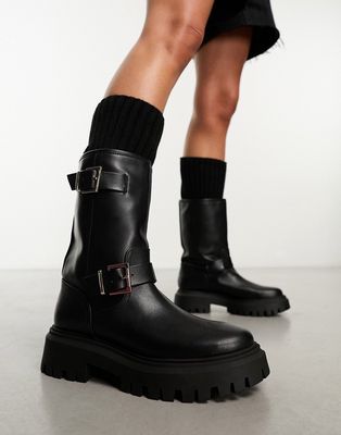 Stradivarius tall biker boots with buckle detail in black