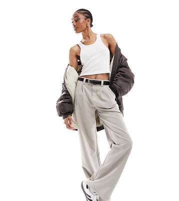 Stradivarius Tall tailored belted pants in gray