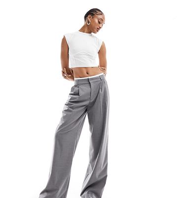 Stradivarius Tall tailored wide leg pants with boxer waistband in gray