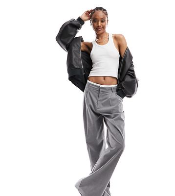 Stradivarius Tall tailored wide leg pants with micro reversed waistband in gray