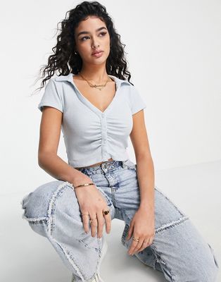 Stradivarius textured 90s ruched shirt in baby blue
