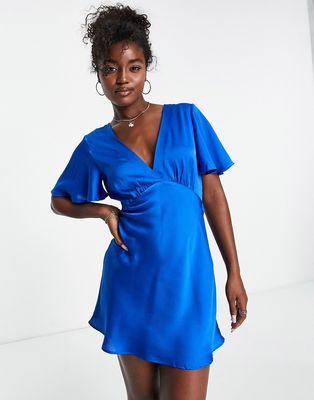 Stradivarius v neck satin mini tea dress in pop blue